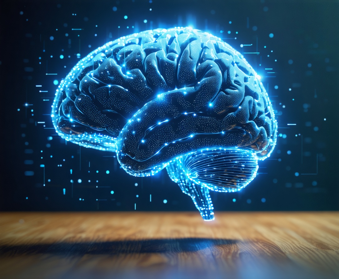 Proiezione olografica di una rete neurale complessa sopra una postazione di lavoro moderna