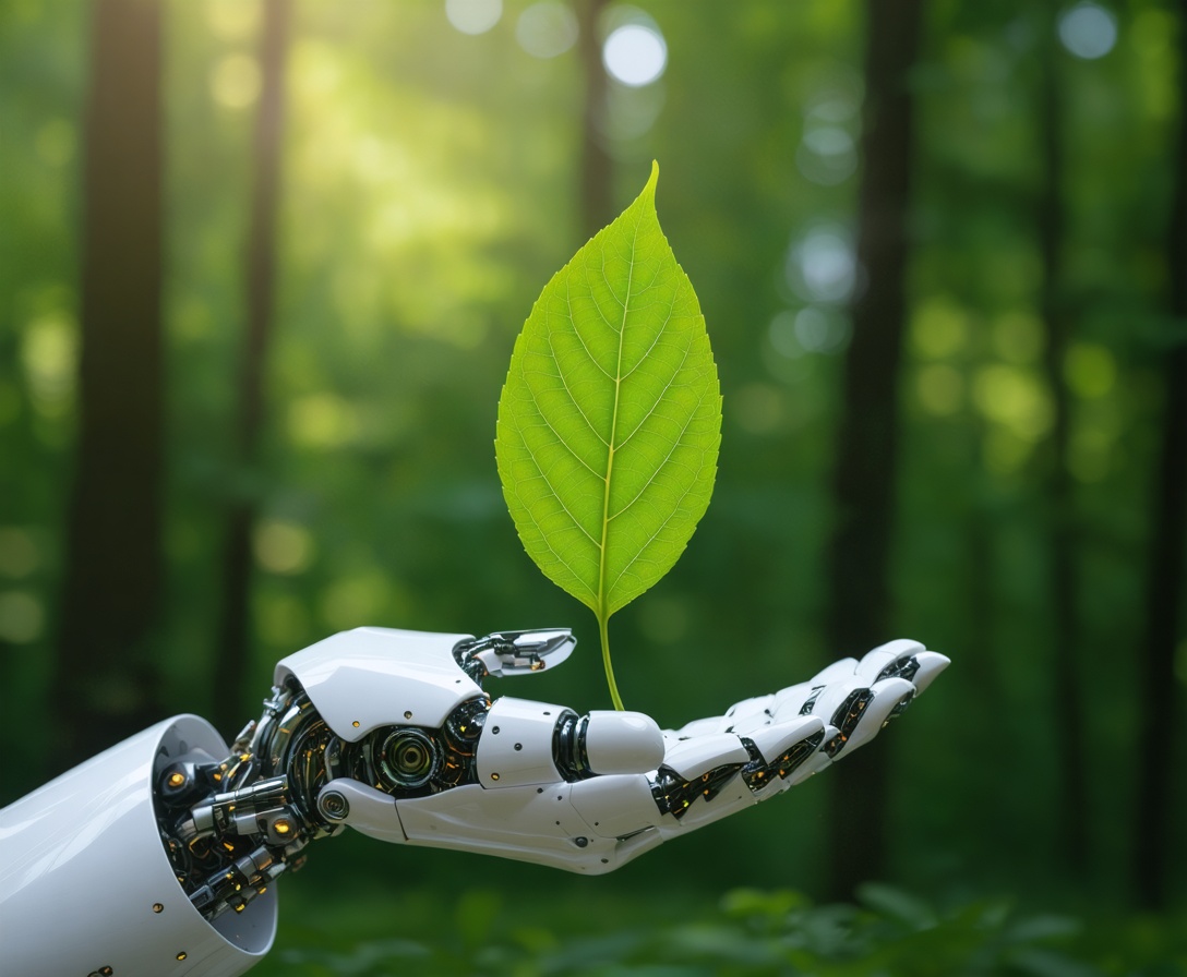 Un braccio robotico che tiene delicatamente una foglia verde, simbolo di tecnologia e natura in armonia