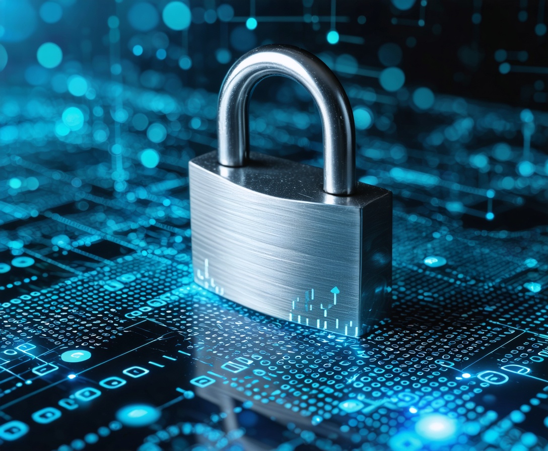 Rappresentazione astratta della sicurezza dei dati con un lucchetto metallico su circuito digitale