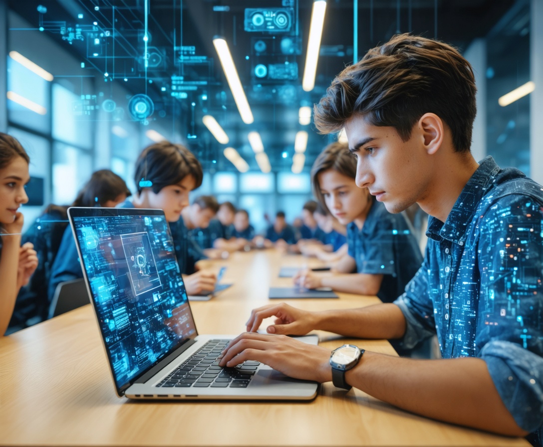 Studenti nel nostro hub tecnologico di Milano che utilizzano software di intelligenza artificiale