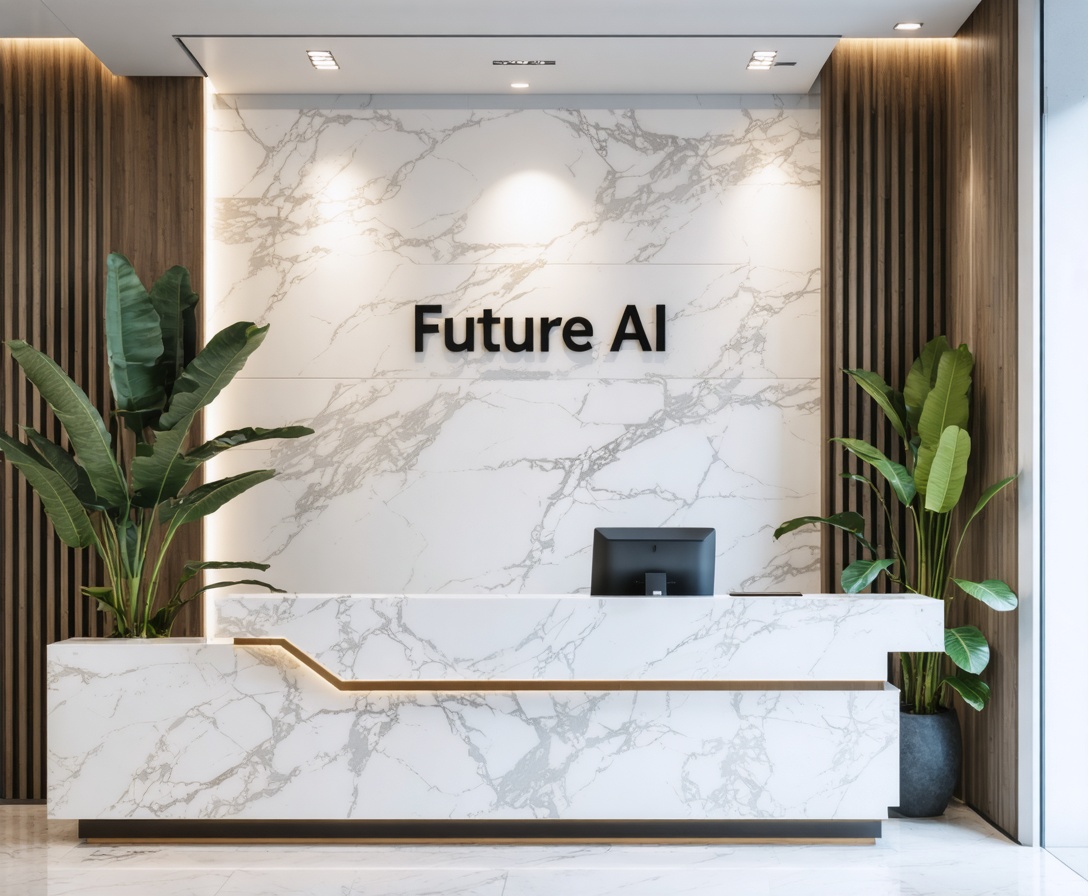 Reception moderna di Future AI Learning a Milano con logo retroilluminato